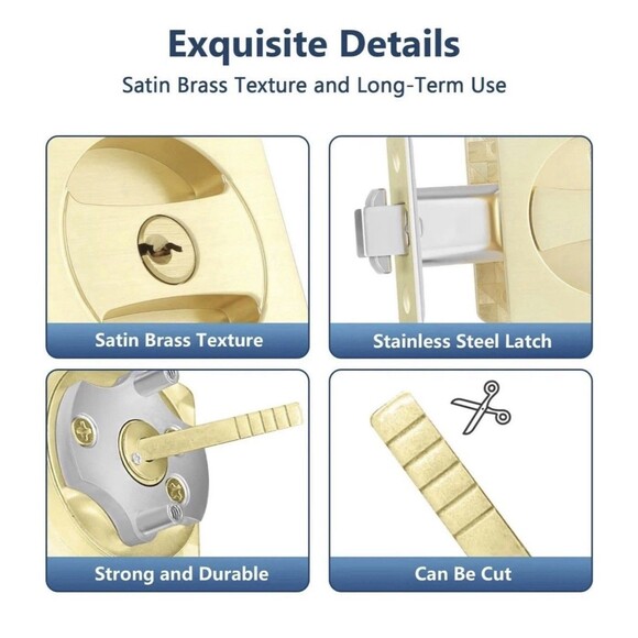 Leydebong Pack of 2 Gold Pocket Door Lock with Keys Square Pocket Door Hardware - Picture 5 of 15